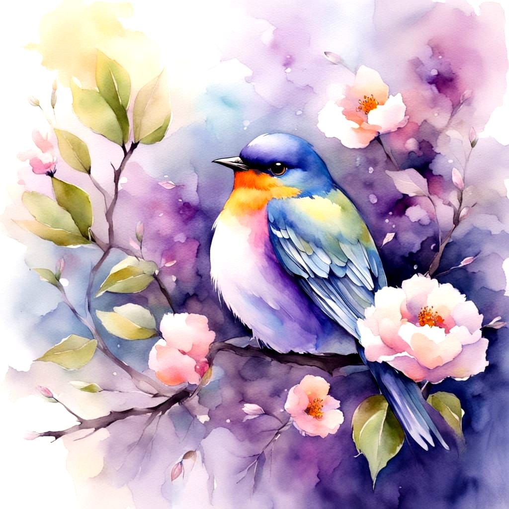 Delicate Purple Birds Amidst Blooming Flowers in Watercolor ...
