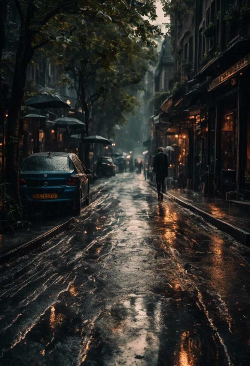 Raining in the City: A Photorealistic Urban Scene
