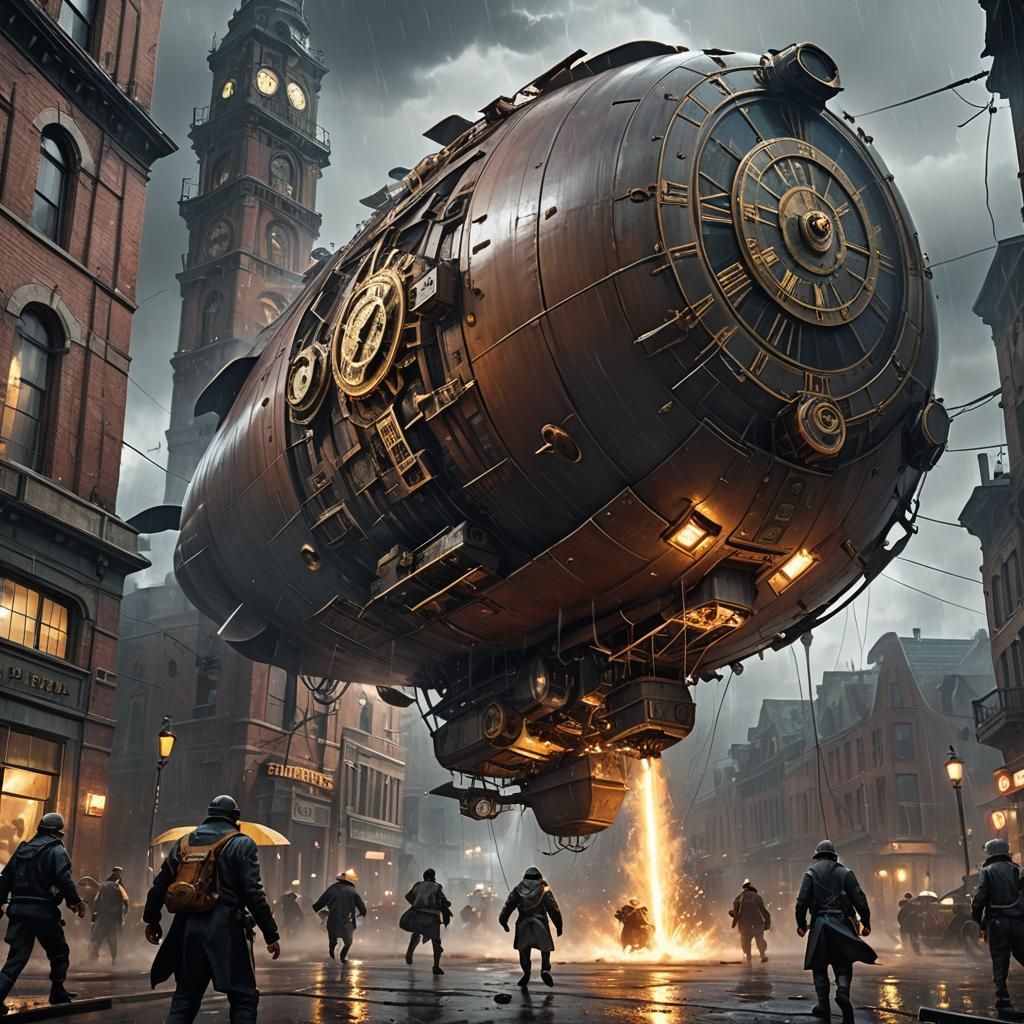 Sci-Fi Blimp Crash in Rainy Cityscape