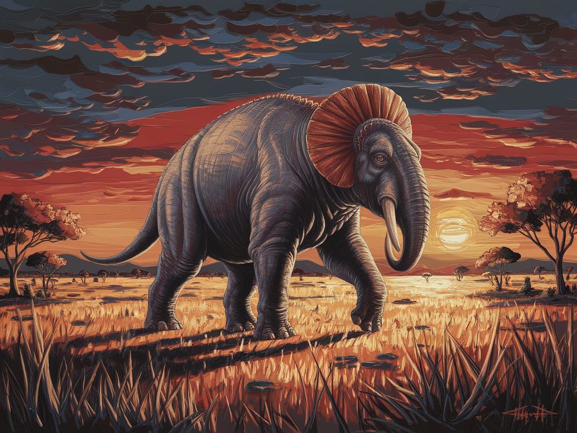 Glyptodon Walks Sunlit Savannah as Impasto Painting