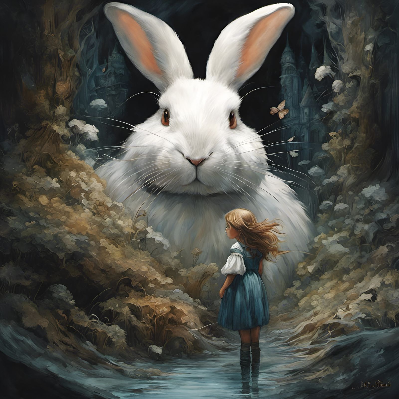 Girl and Giant Rabbit in Fluid Gouache Style