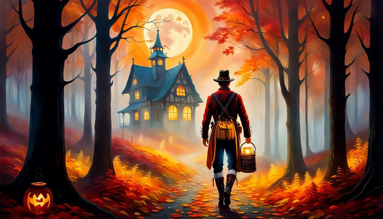 Ghostly Oktoberfest Figure in Autumn Forest, Impressionist S...