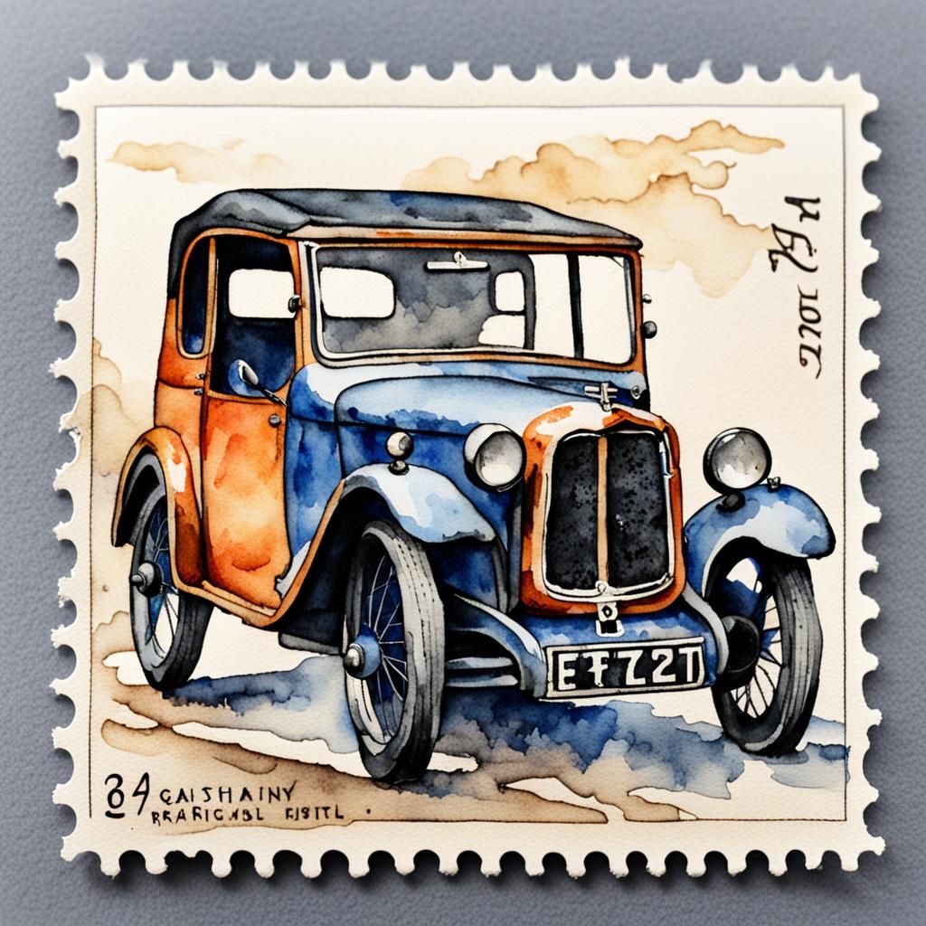 Whimsical Watercolor Stamp of an Austin 7