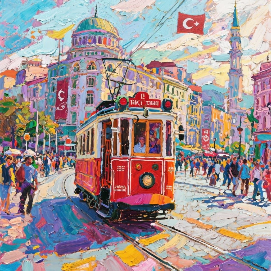Vintage Tram in Taksim Square, Art Style
