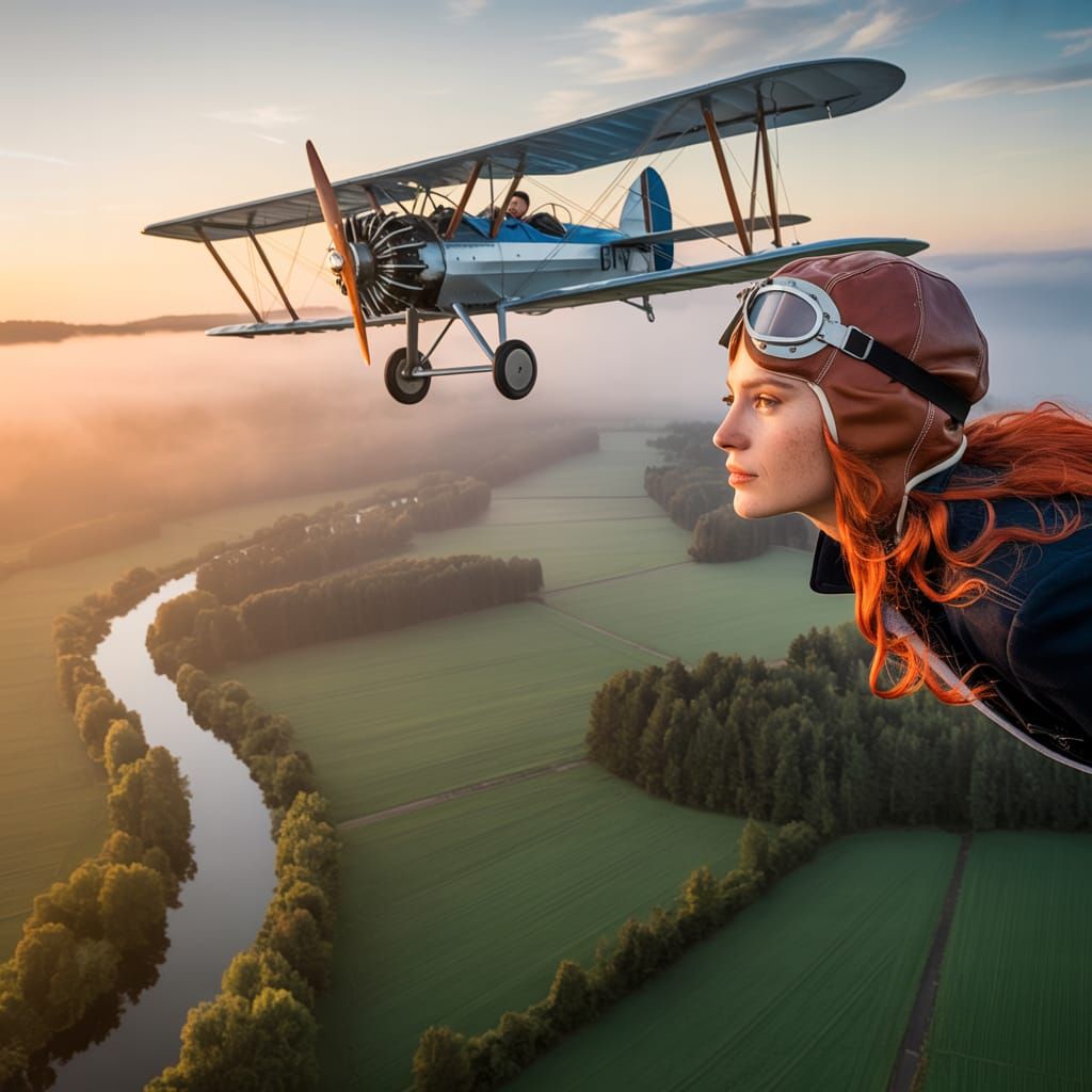 Vintage Biplane Soaring Through Misty Dawn Sky