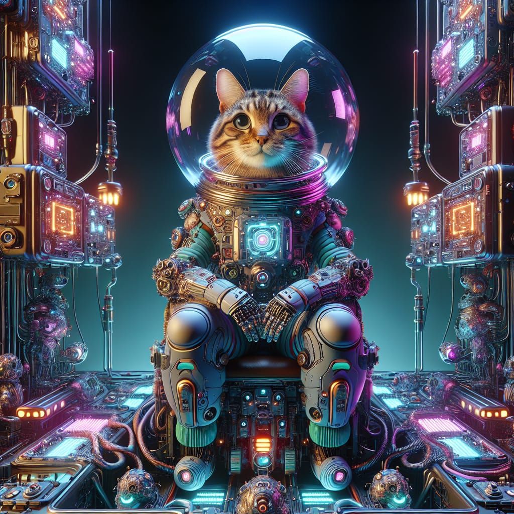 Cyberpunk Android Cat Navigator in Futuristic Spacecraft