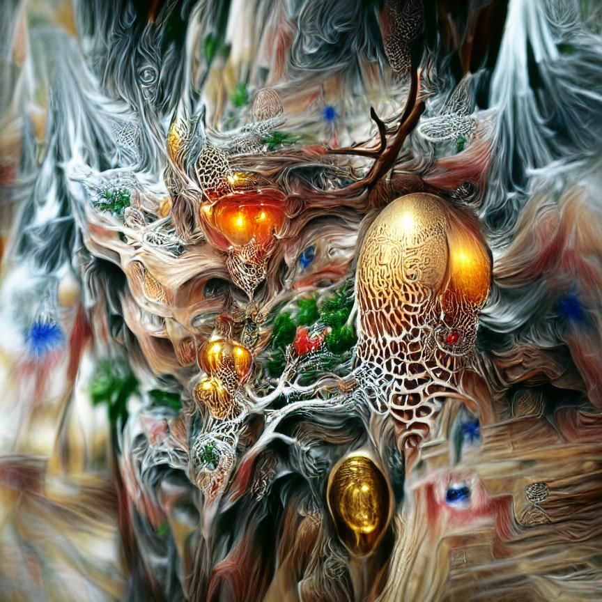 Surreal Landscape with Neuron Tree and Gilded Egg