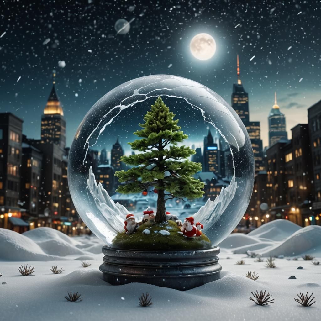 Glowing Santa Over Crystal Sphere Cityscape