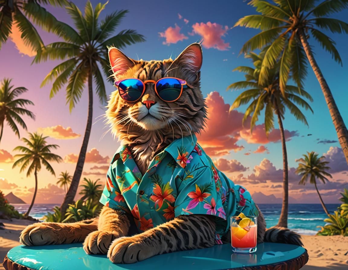 Cat Lounging in Paradise: A Digital 3D Render