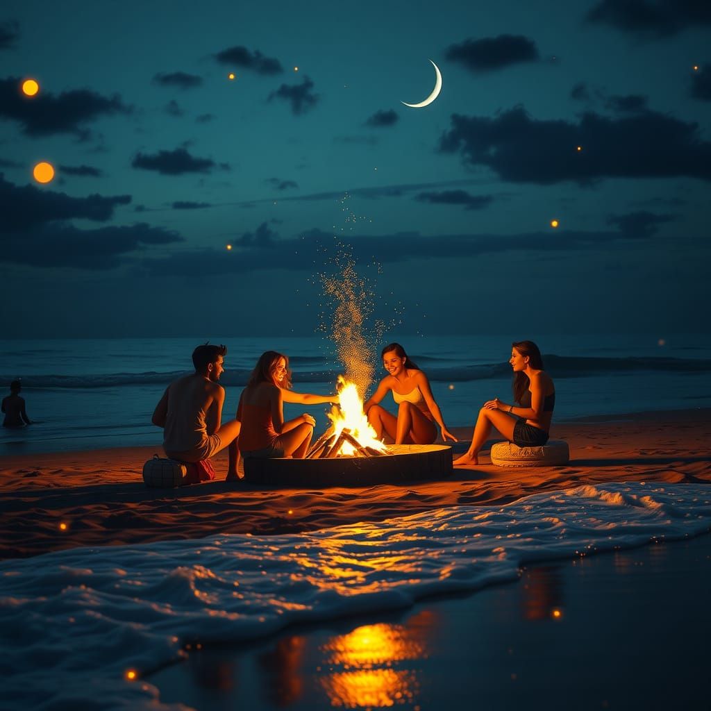 Magical Summer Night Bonfire Party by the Sea