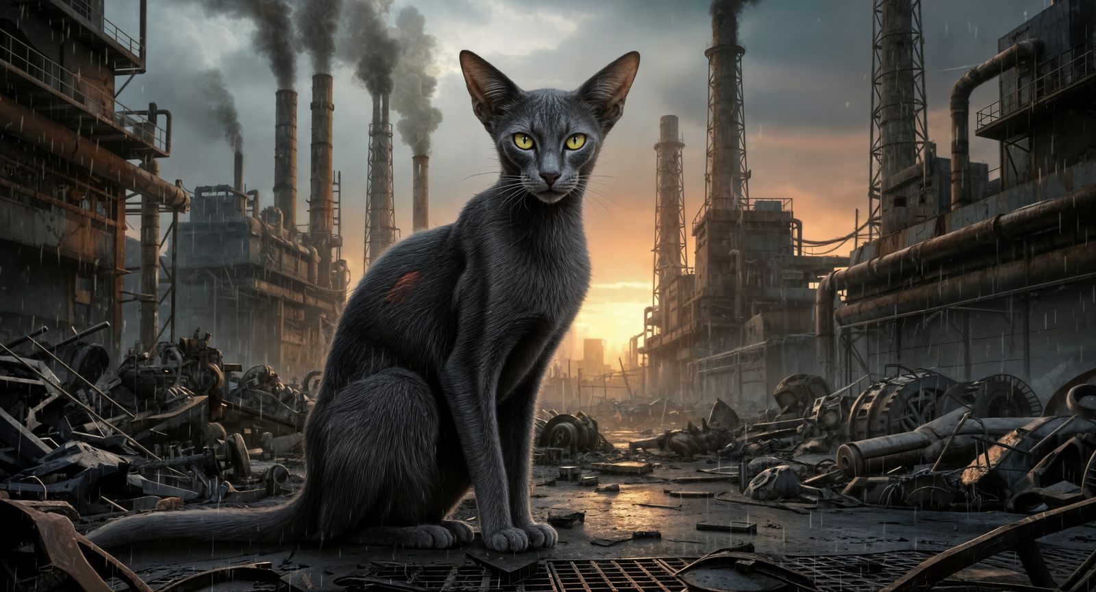 Battle-Scarred Cat Guards Post-Apocalyptic Cityscape