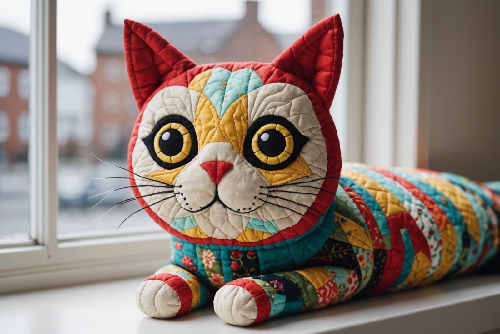 Hand-Stitched Quilted Cat on Windowsill