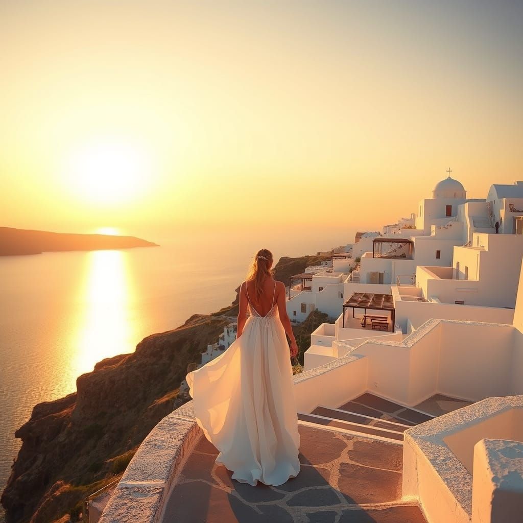 Santorini Bride at Golden Hour: Impressionistic Style