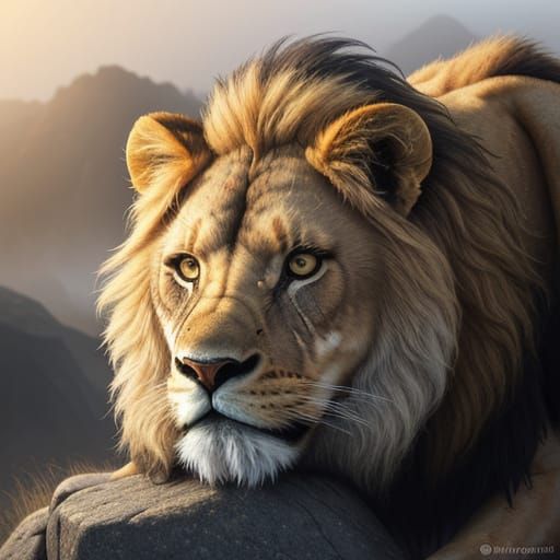 Lion Overlooking Misty Savanna in Hyperrealistic Style