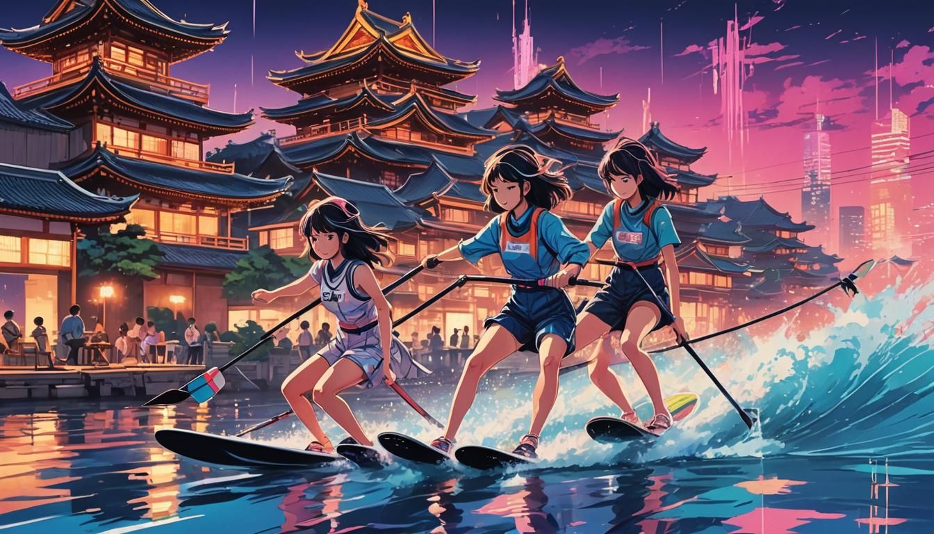 Double Exposure: Temple Waterskiing in Synthwave Style