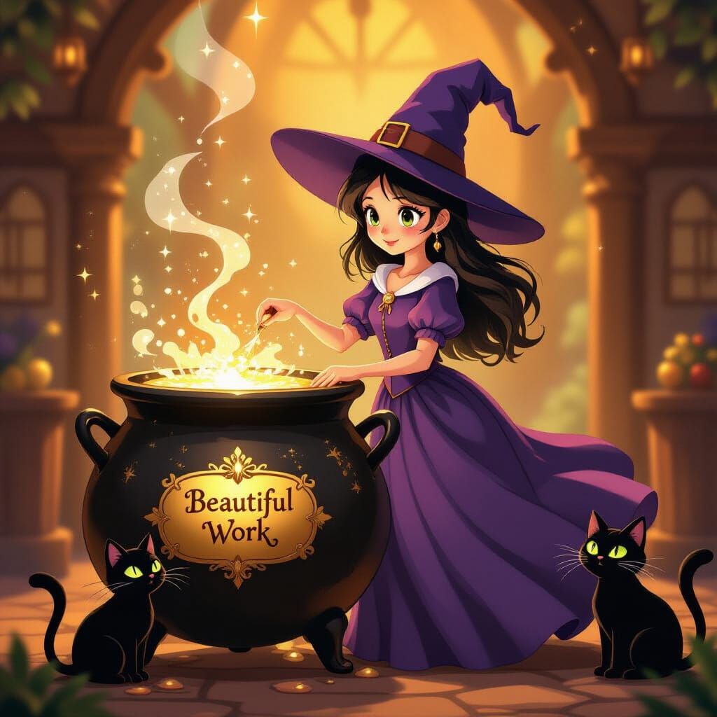 Young Witch Brews Magical Potion in Golden Light