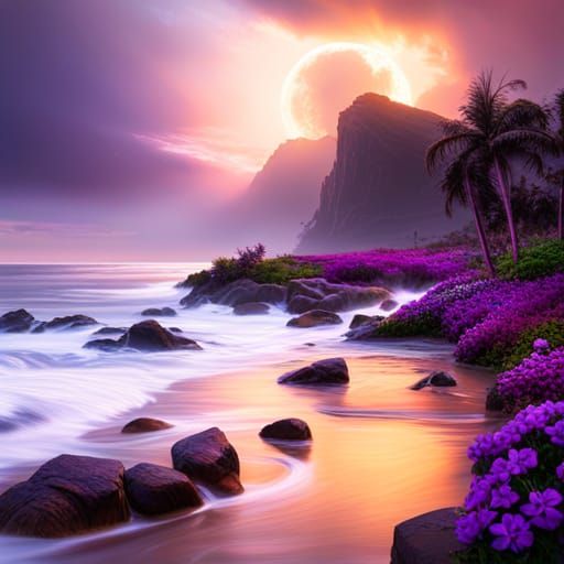 Beach Sunset Unicorn with Violets, Detailed Matte Painting