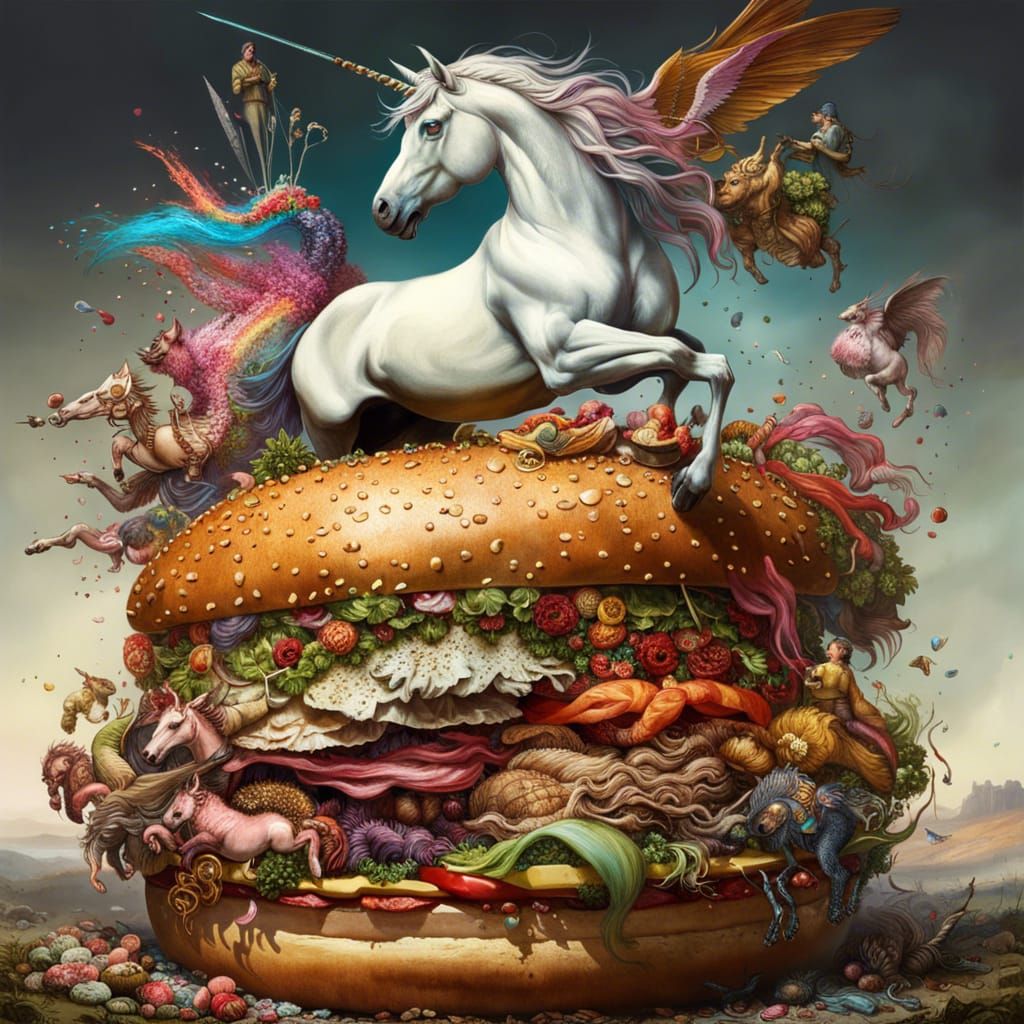 Unicorn on Hamburger: Intricate Digital Art Masterpiece