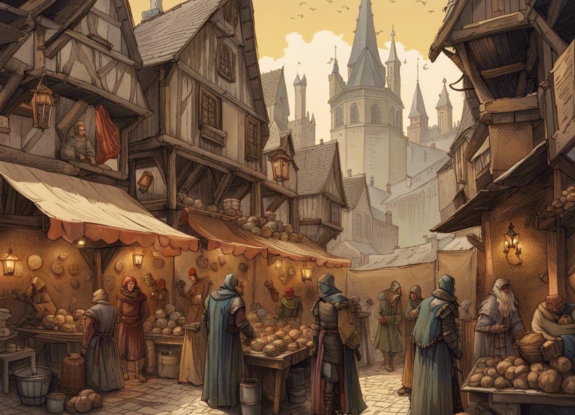 Bustling Medieval Marketplace: Detailed Ink Painting