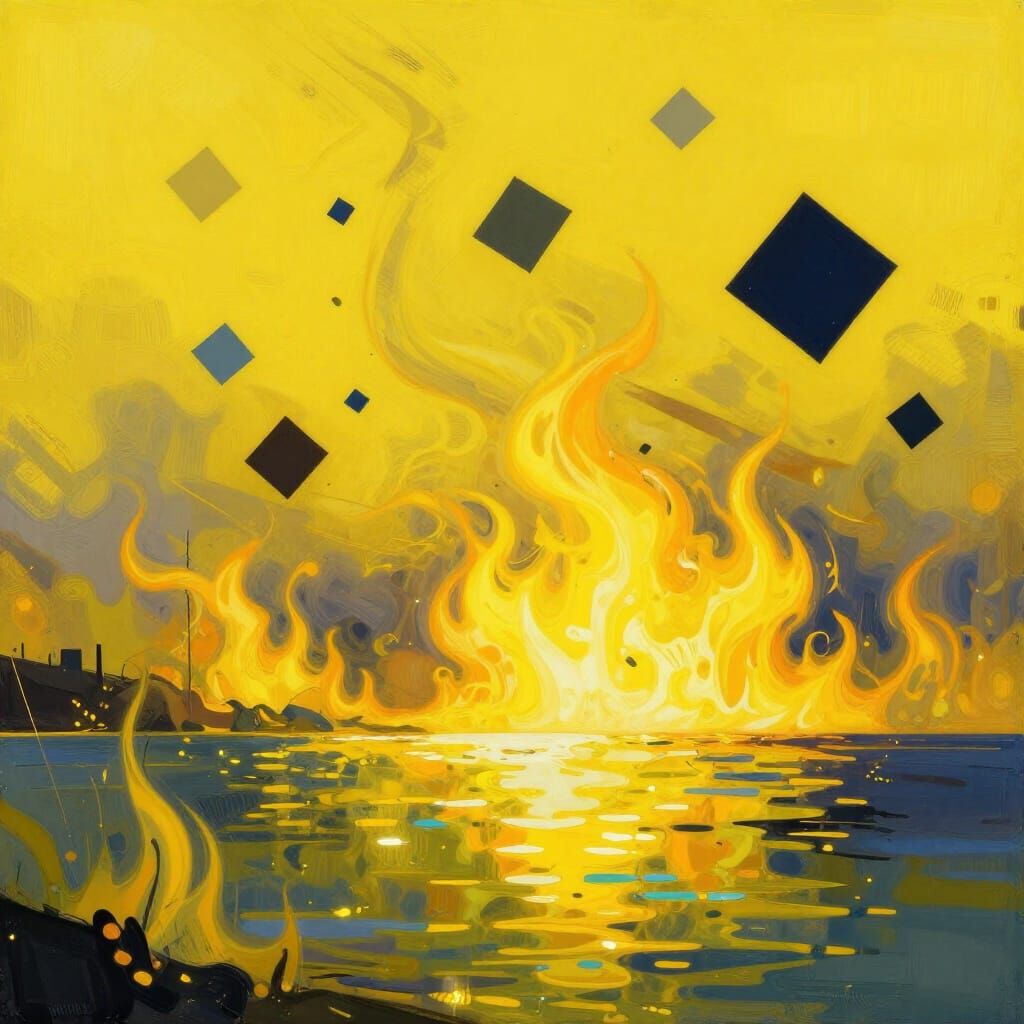 Surreal Yellow Landscape with Fire, Water, and Wind