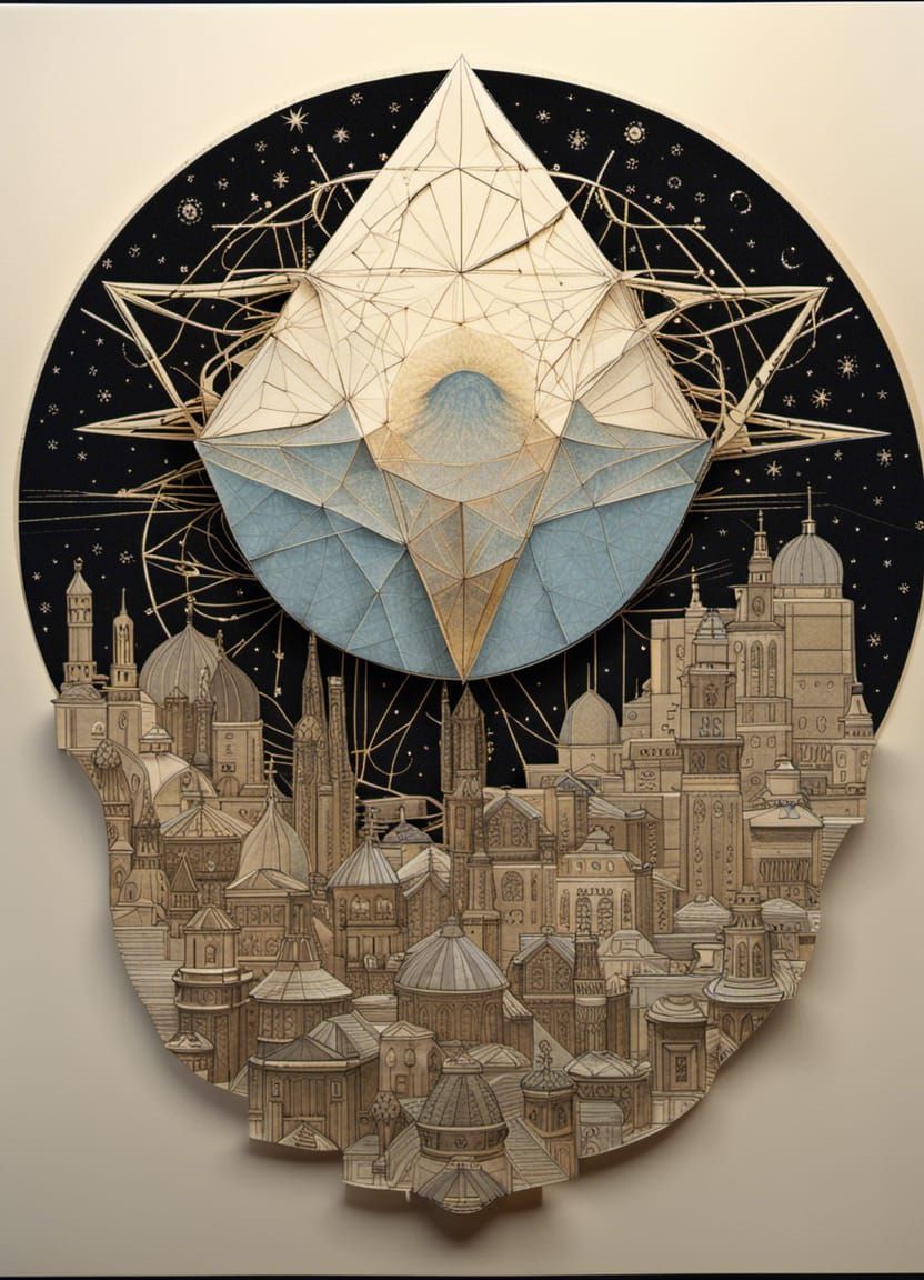 Origami Moon Over Jerusalem in Geopunk Style