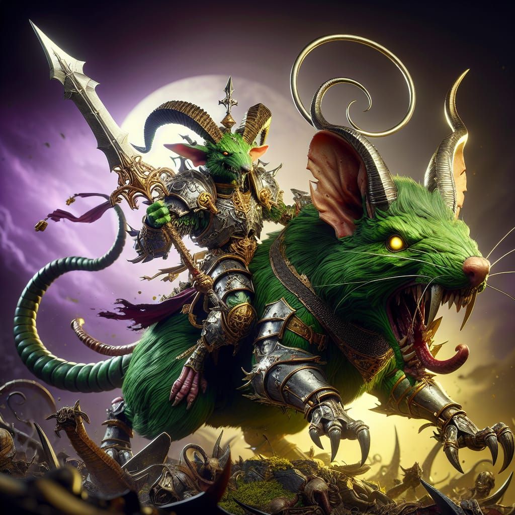 Green Kobold Knight on Giant Rat in Dark Fantasy Style