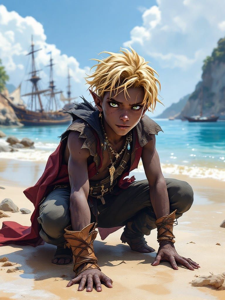Lost Drow Elf Pirate Boy Plays on Beach in Luskan
