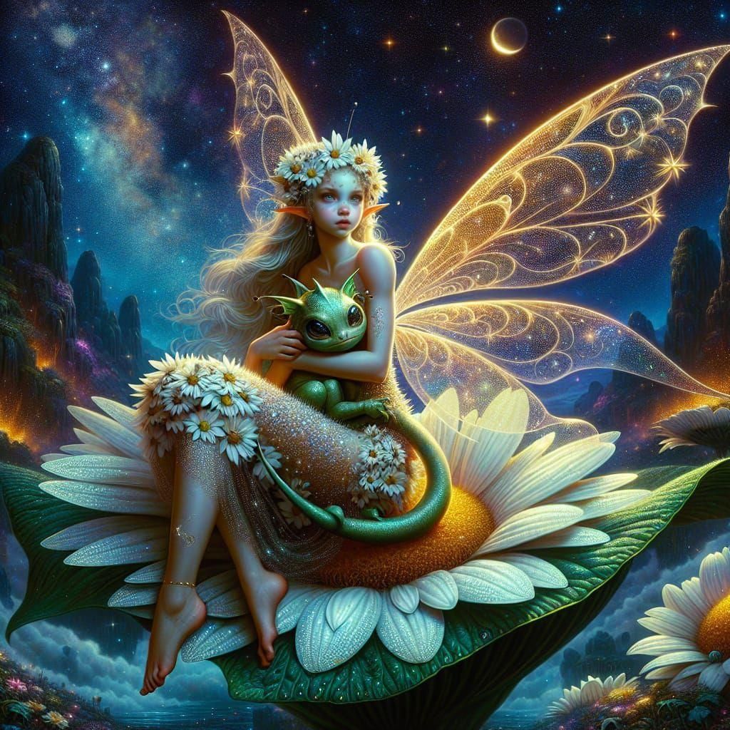 Fairy on Leaf with Dragon in Psychedelic Landscape