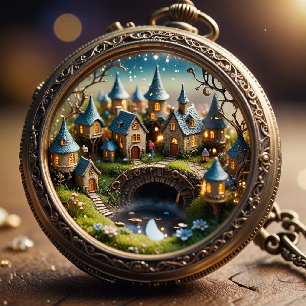 Fairy Village in Pocket Watch: Surreal Macro Photograph
