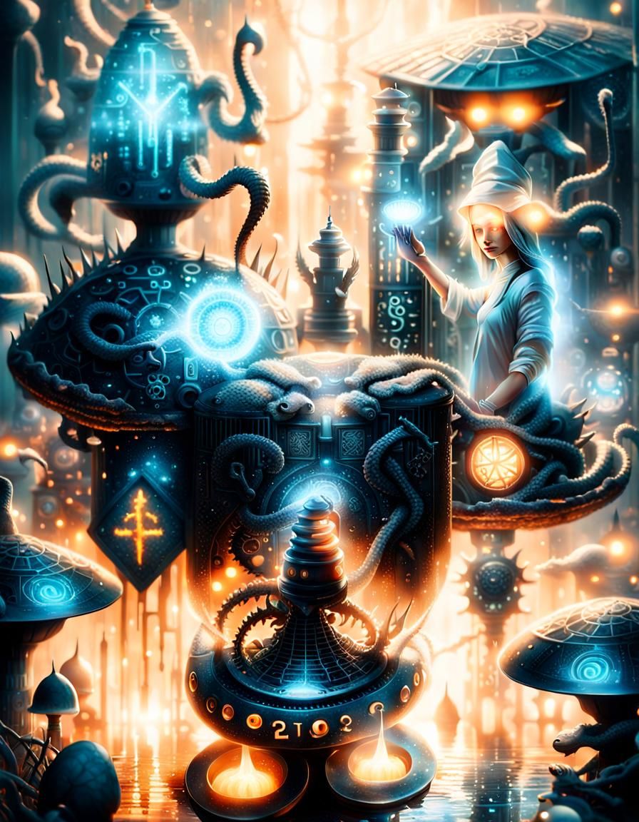 Surreal Bio-Cyborg with Dragon and Matrix Code