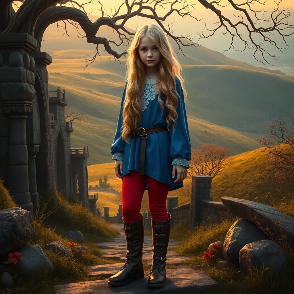 Medieval Fantasy Maiden in Vibrant Blue and Red Attire