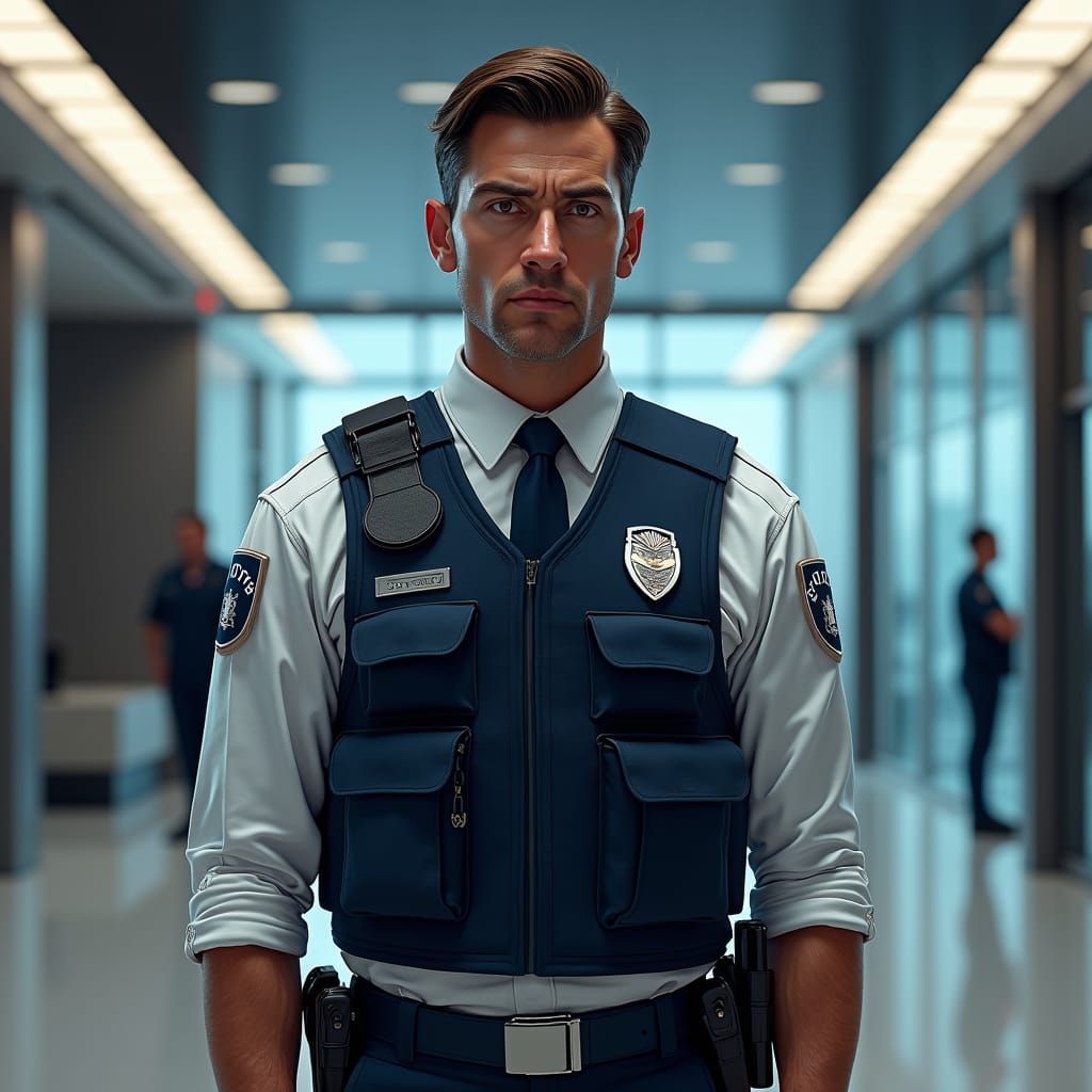 Vigilant Security Guard in Modern Lobby, Digital Art