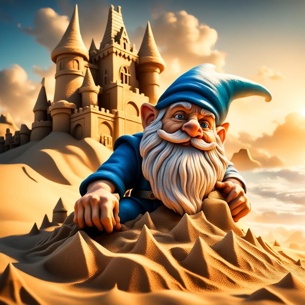 Gnome Builds Sand Castle: Hyper-Realistic Beach Photo