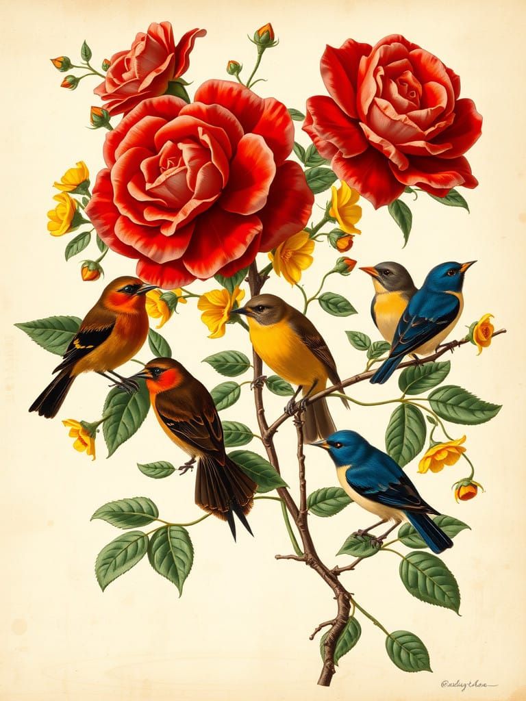 Vintage Botanical Illustration of Flowers and Birds