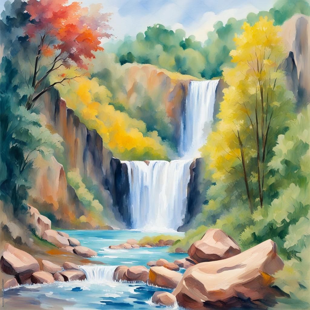 Waterfall in Gouache Style Impressionist Painting