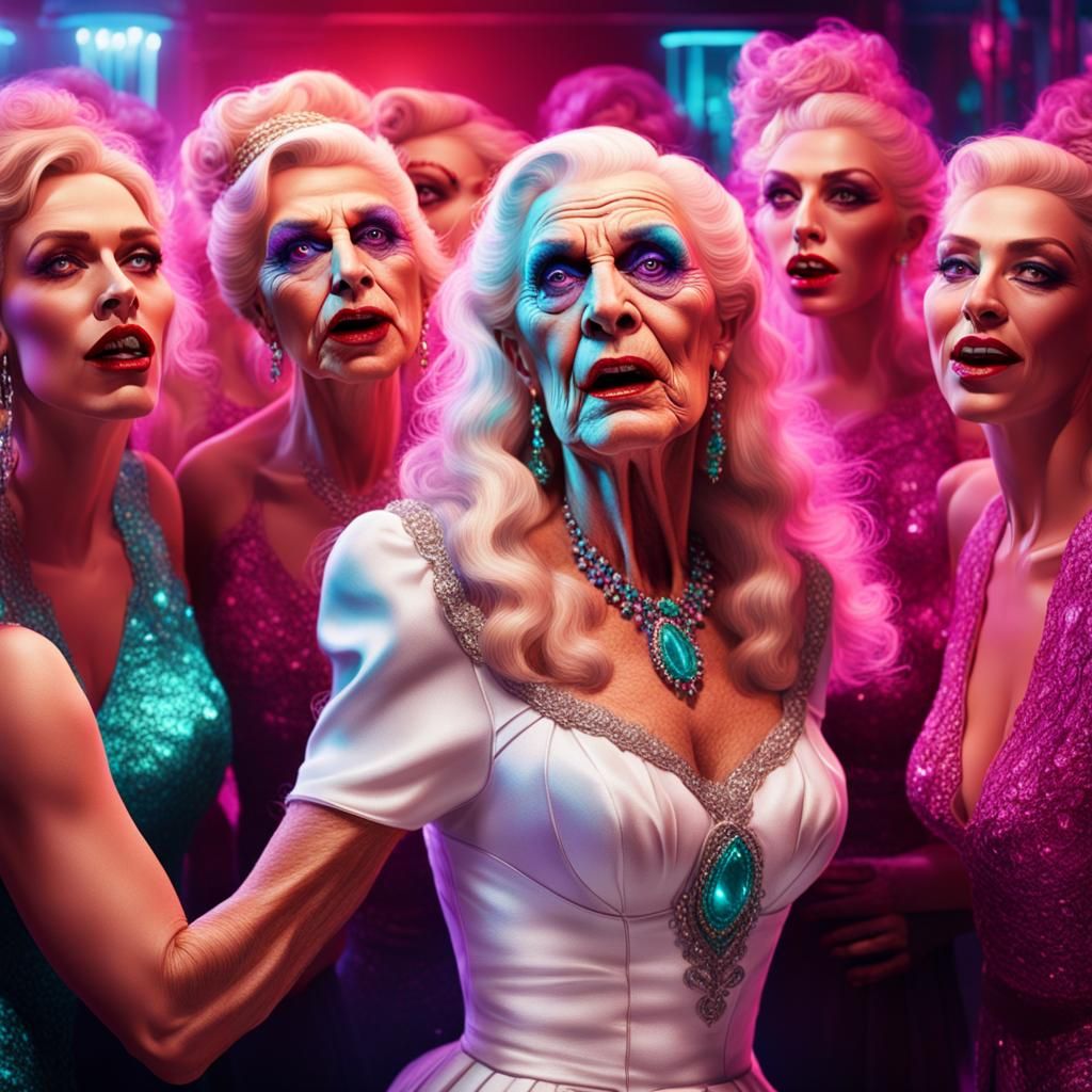 Transvestite at Hen Party in Neon Cityscape