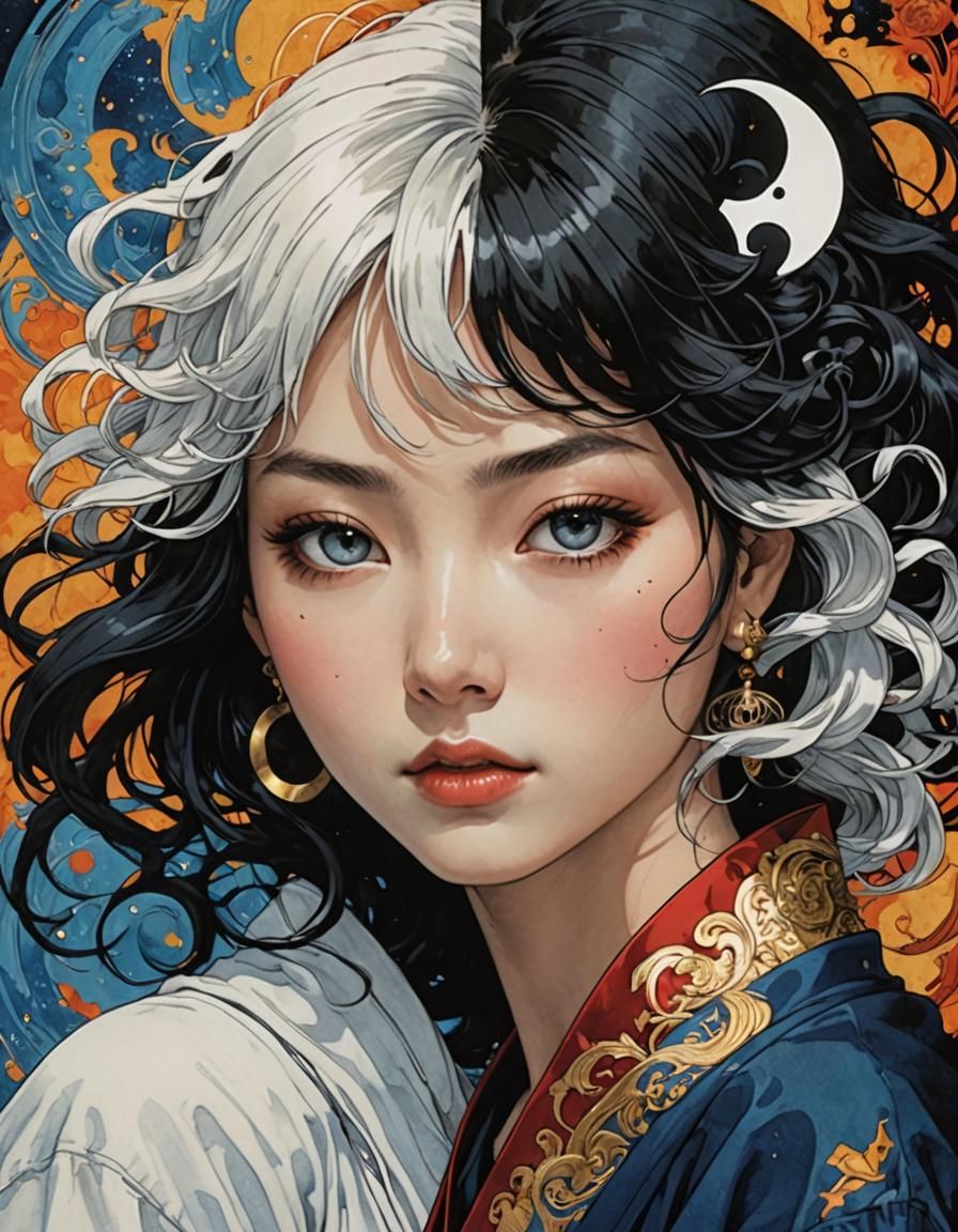 Yin Yang Split Portrait in Anime Realism Style
