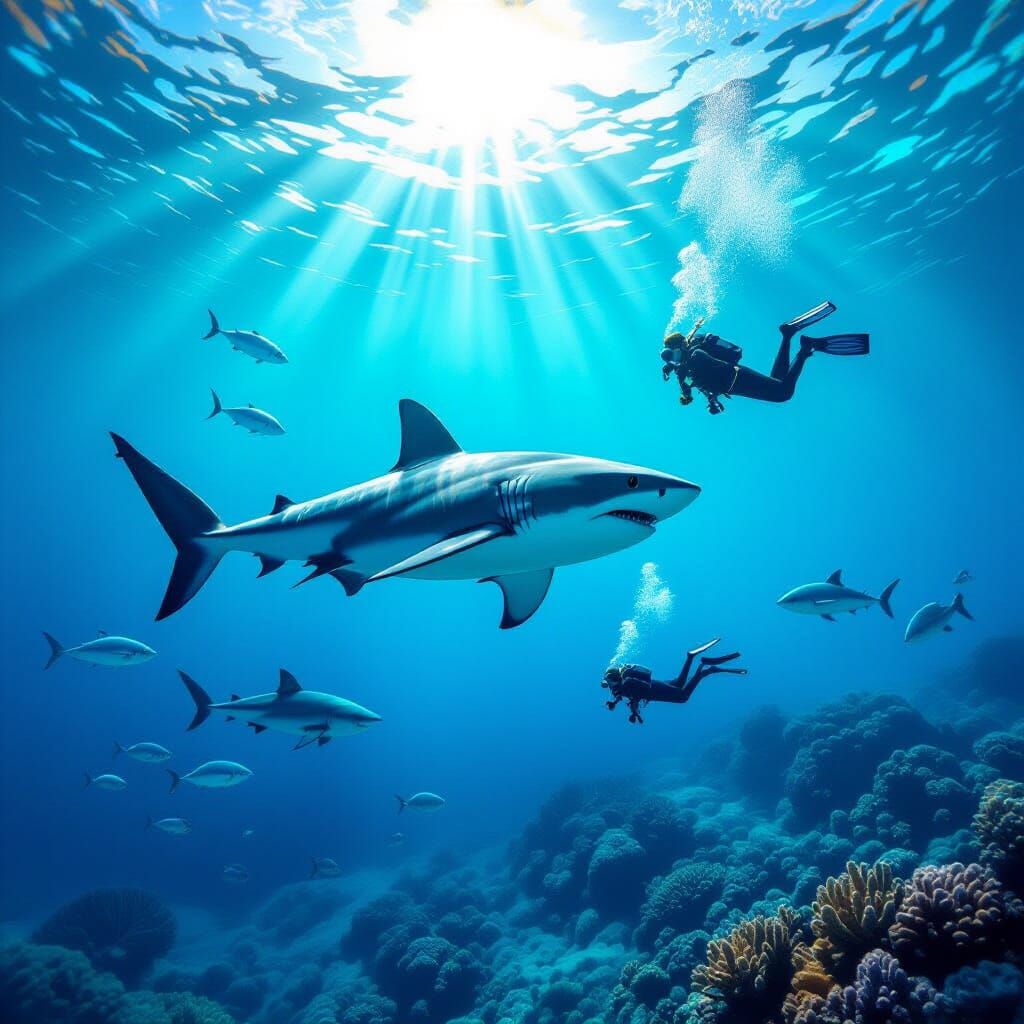 Scuba Divers and Shark in Tropical Waters
