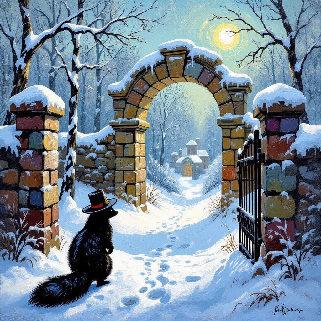Skunk Explorer in Snowy Woods Before Sand City Archway