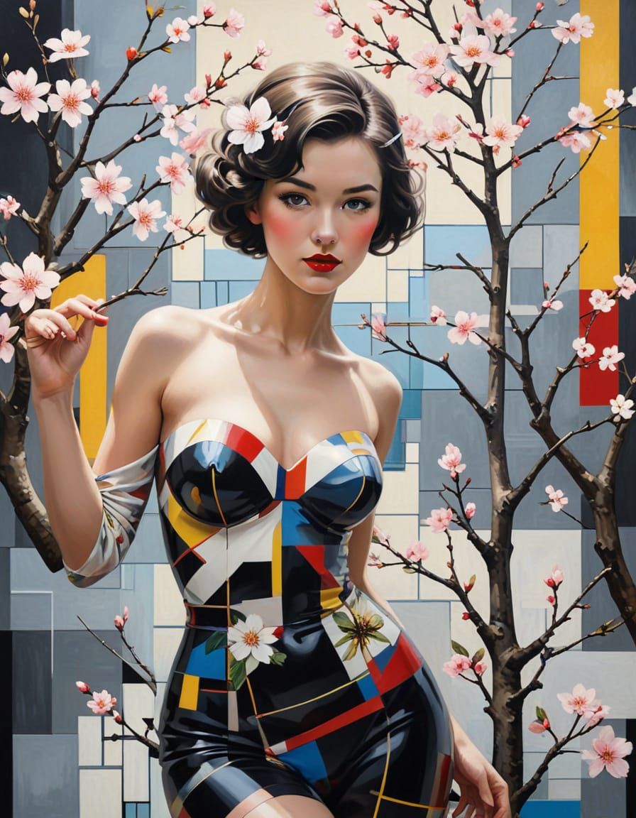Surreal Fusion: Mondrian Meets Pin-Up in Geometric Garden