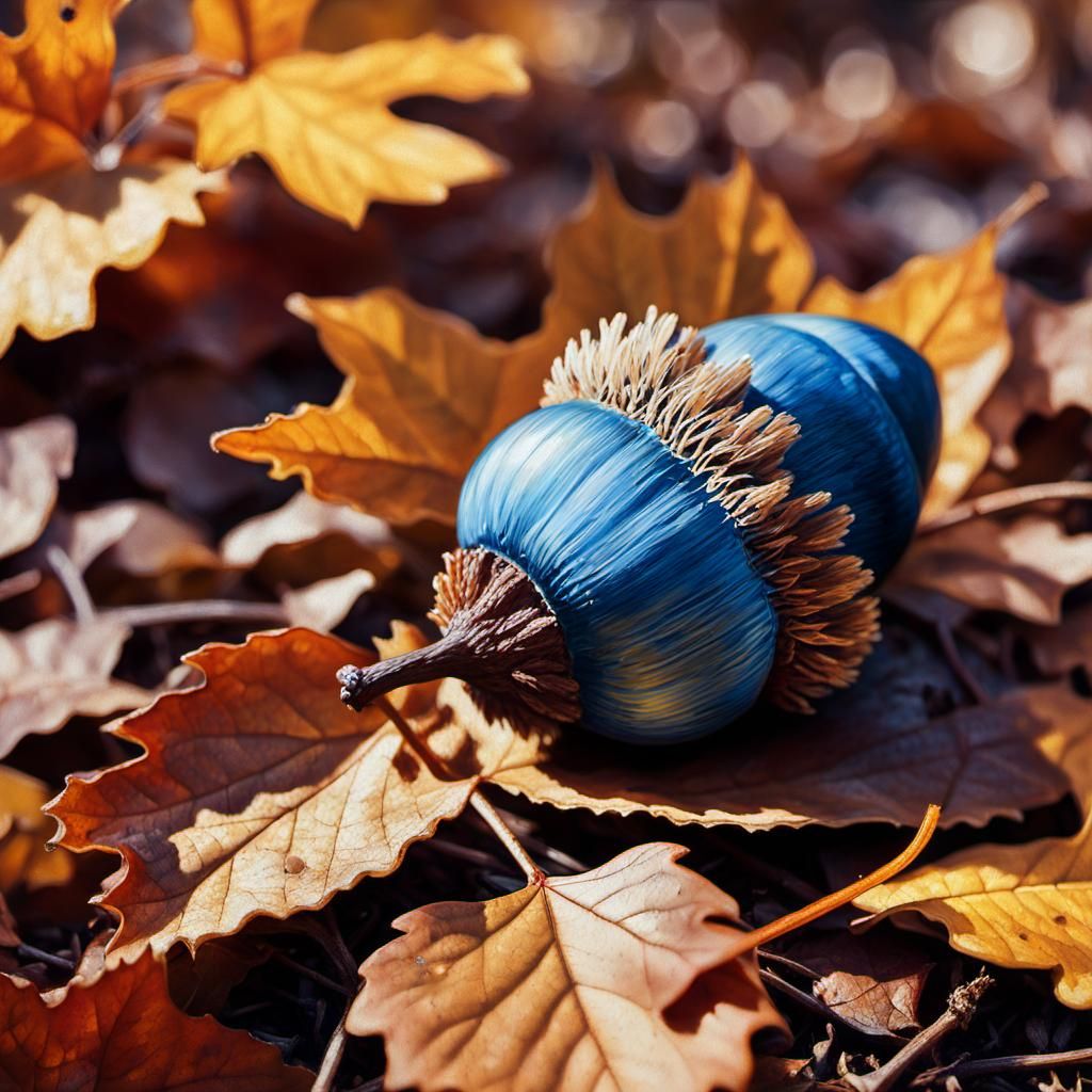 Blue Acorn Among Autumn Leaves: Oil Painting