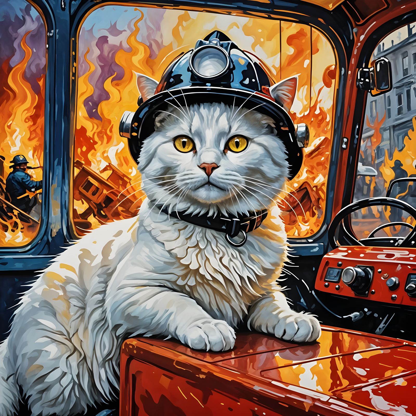 Vibrant White Cat Rides Fire Engine in Triadic Color Palette