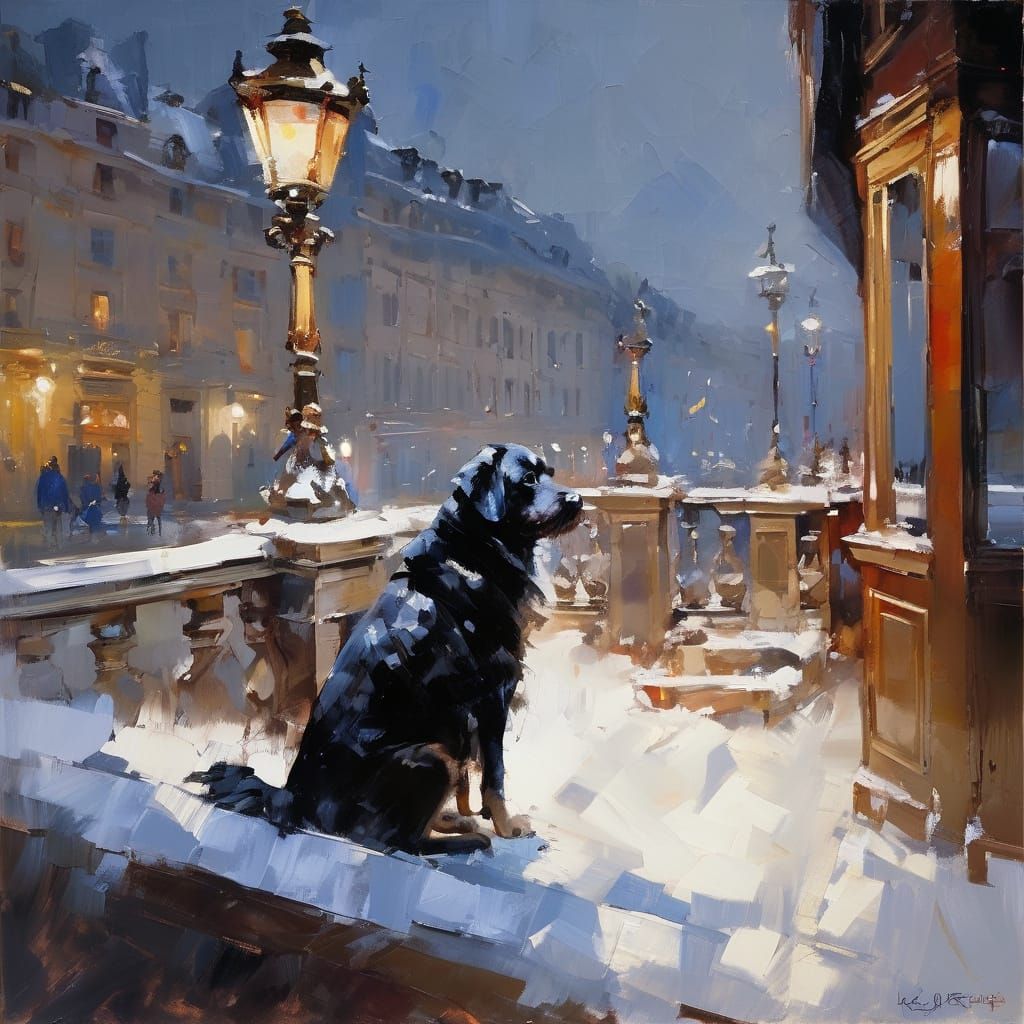 Sad Dog Awaits Owner on Snowy Evening