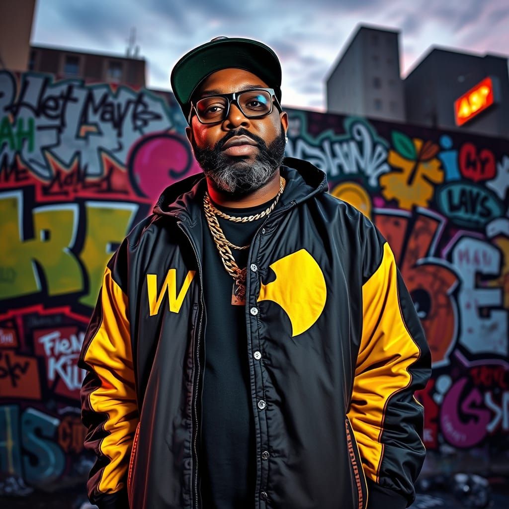 Wu-Tang Hip-Hop Icon in Urban Graffiti Cityscape