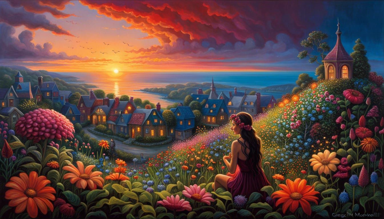 Fairytale Garden at Sunset in Detailed Painting Style