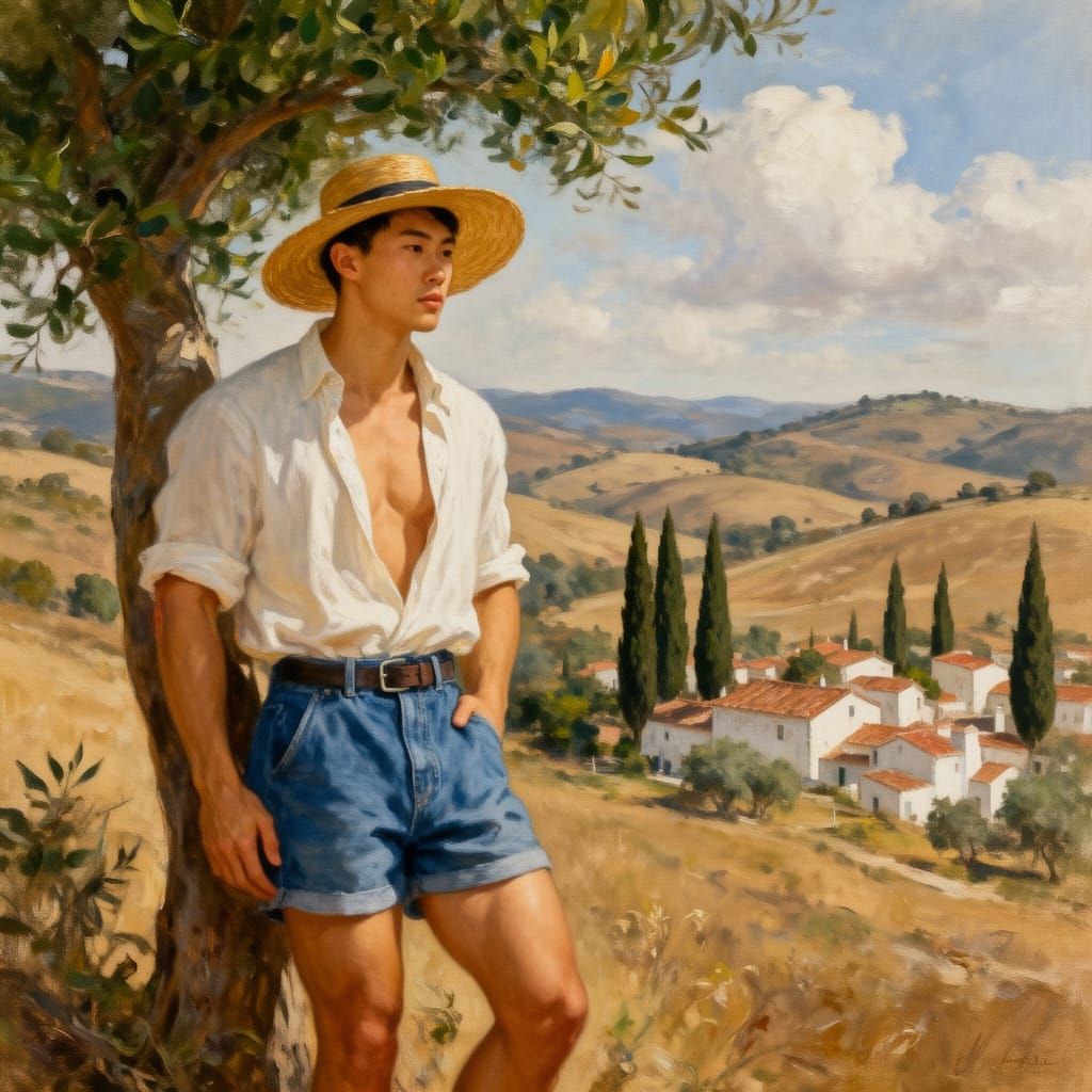 Contemplative Man in Countryside Oil Painting