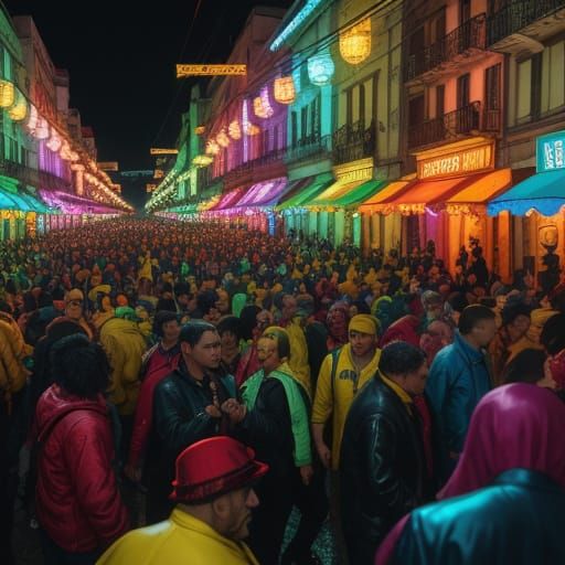 Vibrant Carnival Night Scene with Revelers Dancing in a Crow...