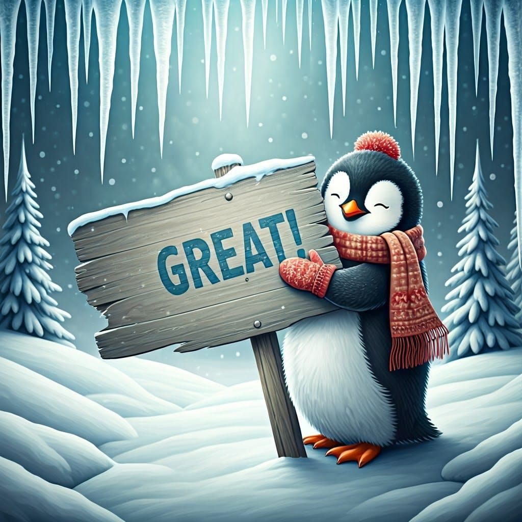 Penguin Hugs Frosty Sign in Whimsical Winter Scene