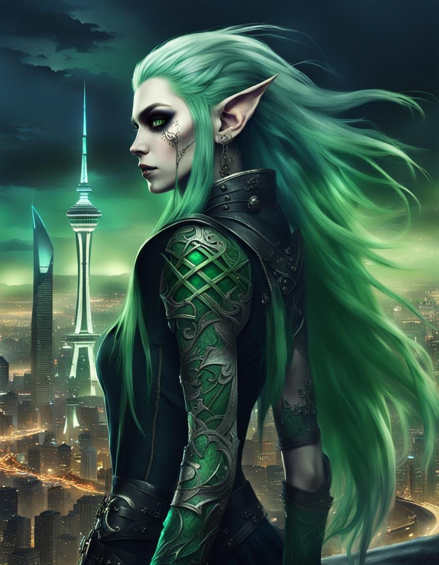 Punk Dark Elf Girl in Skycity Landscape