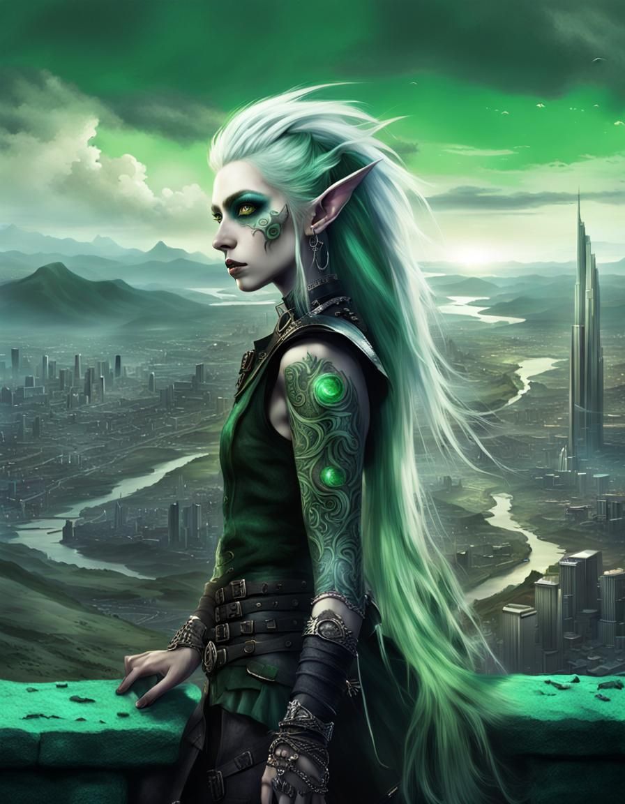 Punk Dark Elf Girl in Skycity Landscape